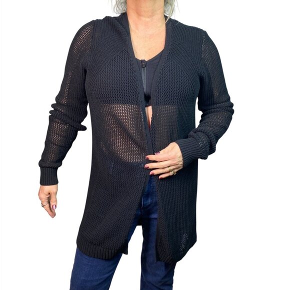 Athleta Womens Black Open-Knit Long Cardigan Sweater Large stretch casual comfy - Picture 1 of 8